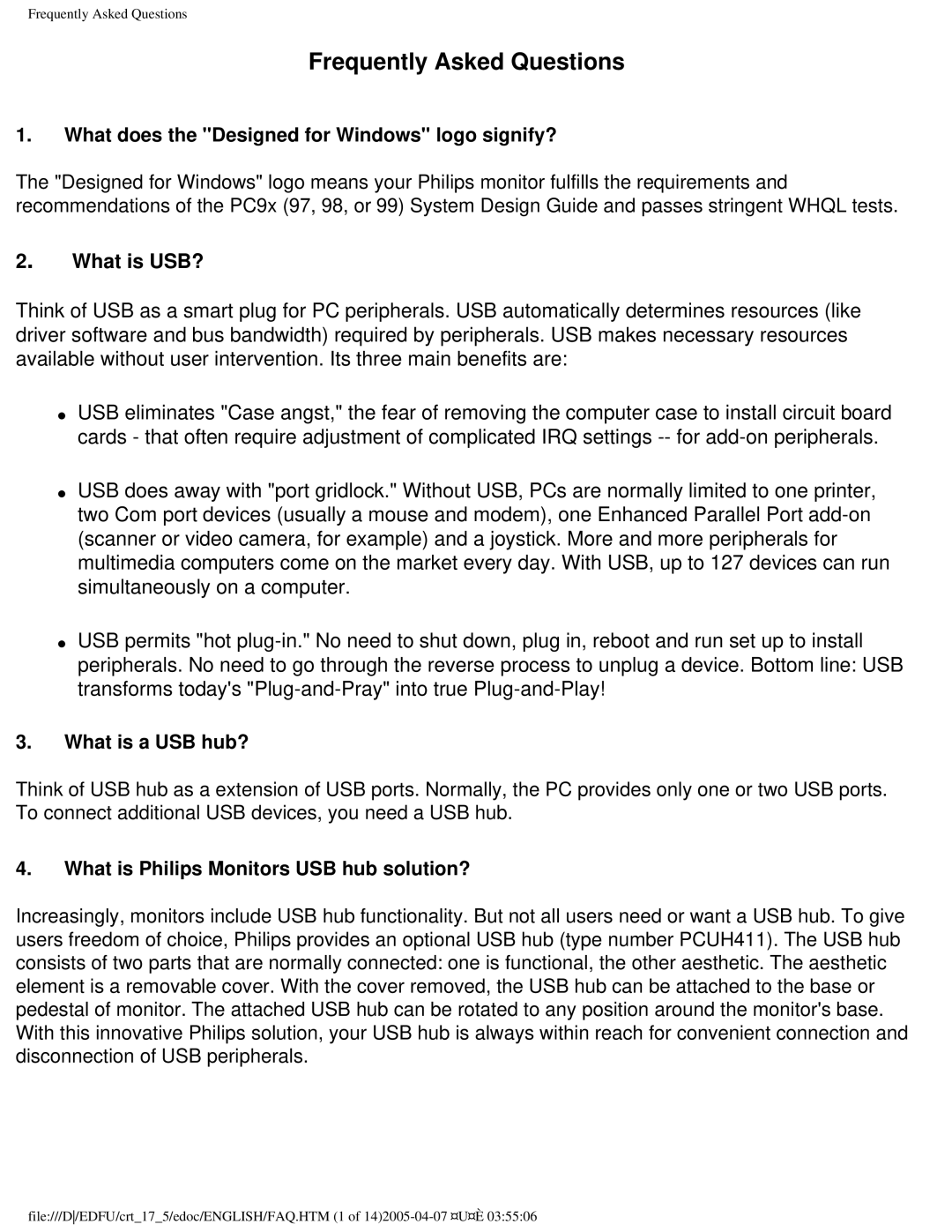 Philips 107B50 user manual What does the Designed for Windows logo signify?, What is USB?, What is a USB hub? 