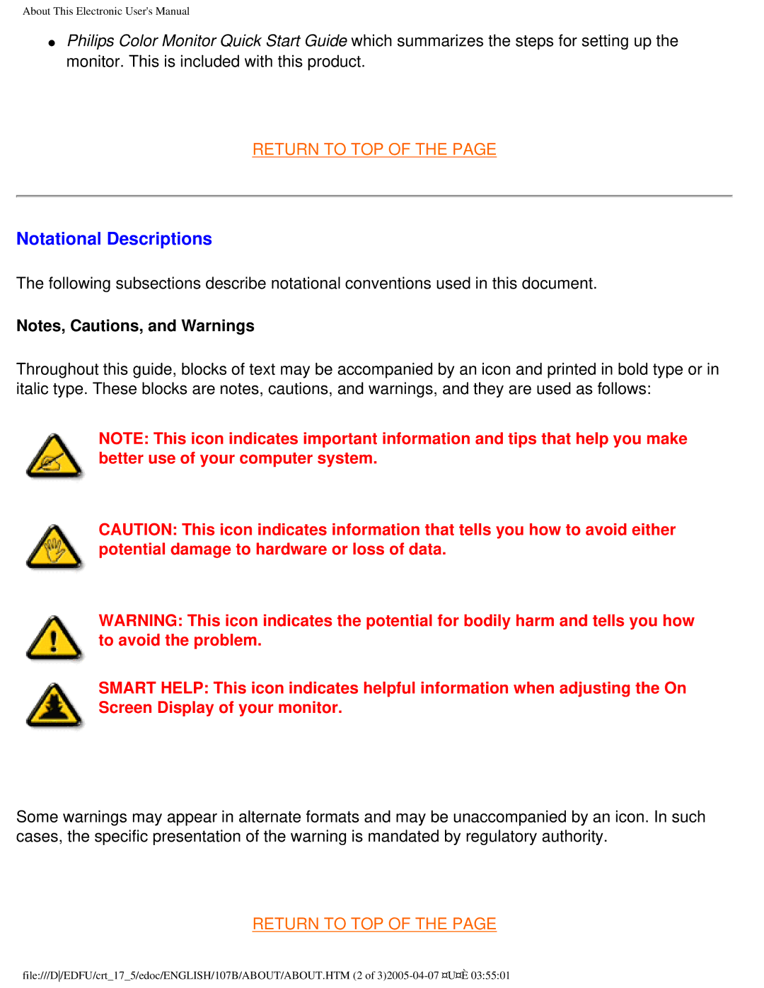 Philips 107B50 user manual Notational Descriptions 