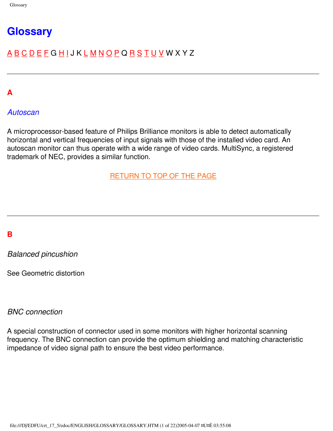 Philips 107B50 user manual Glossary, Balanced pincushion, BNC connection 