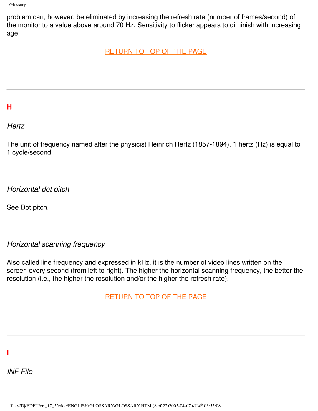 Philips 107B50 user manual Hertz, Horizontal dot pitch, Horizontal scanning frequency, INF File 