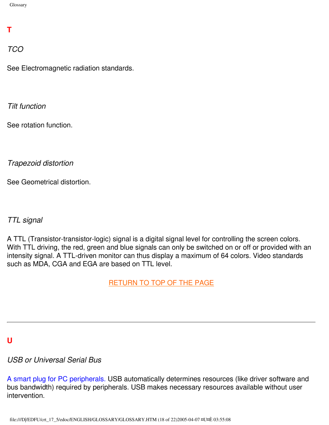 Philips 107B50 user manual Tilt function, Trapezoid distortion, TTL signal, USB or Universal Serial Bus 