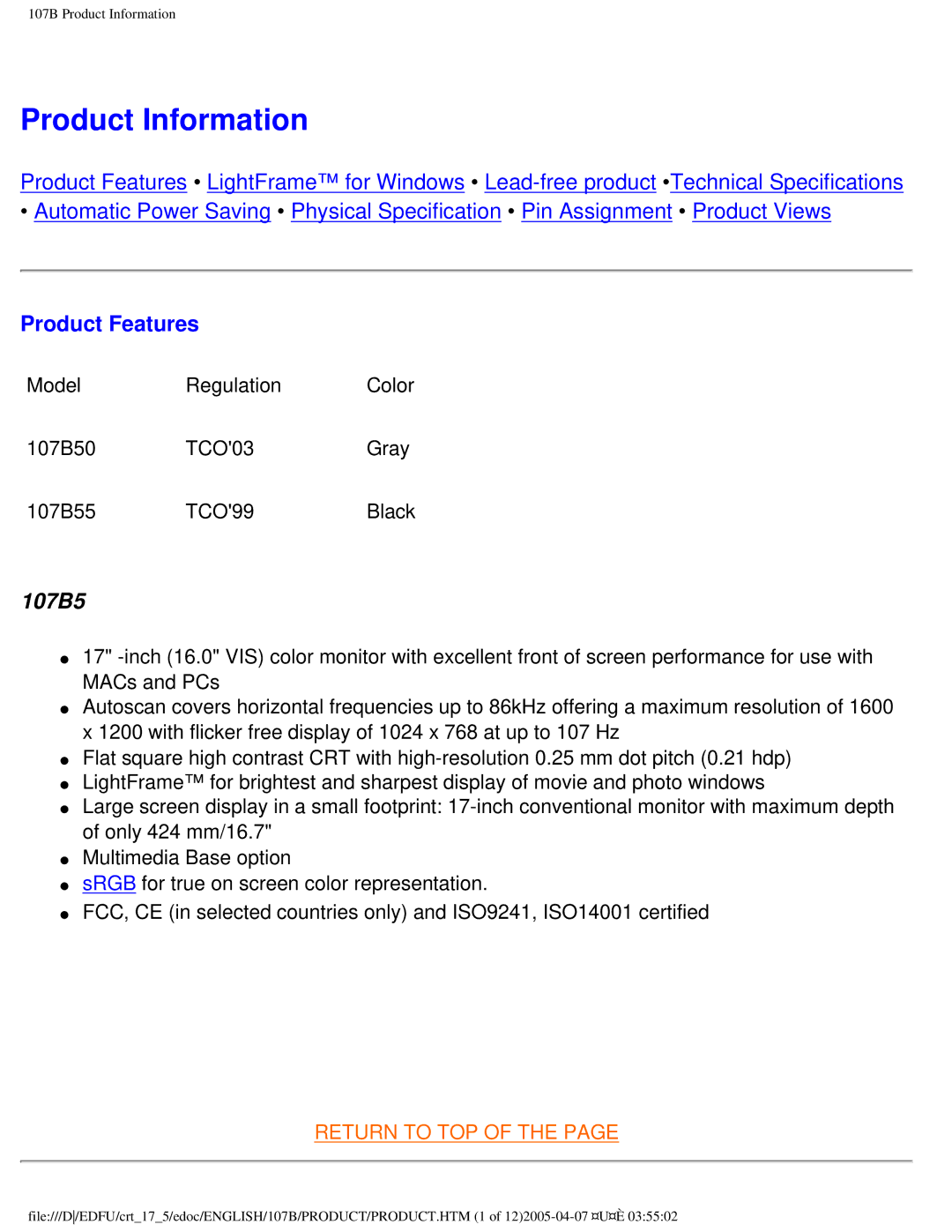 Philips 107B50 user manual Product Information, Product Features 