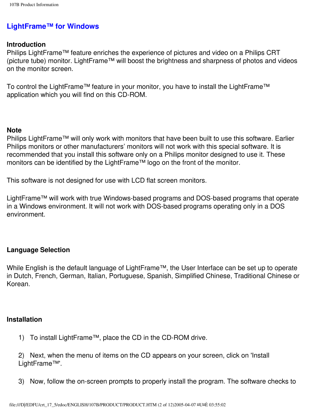 Philips 107B50 user manual LightFrame for Windows, Introduction, Language Selection, Installation 