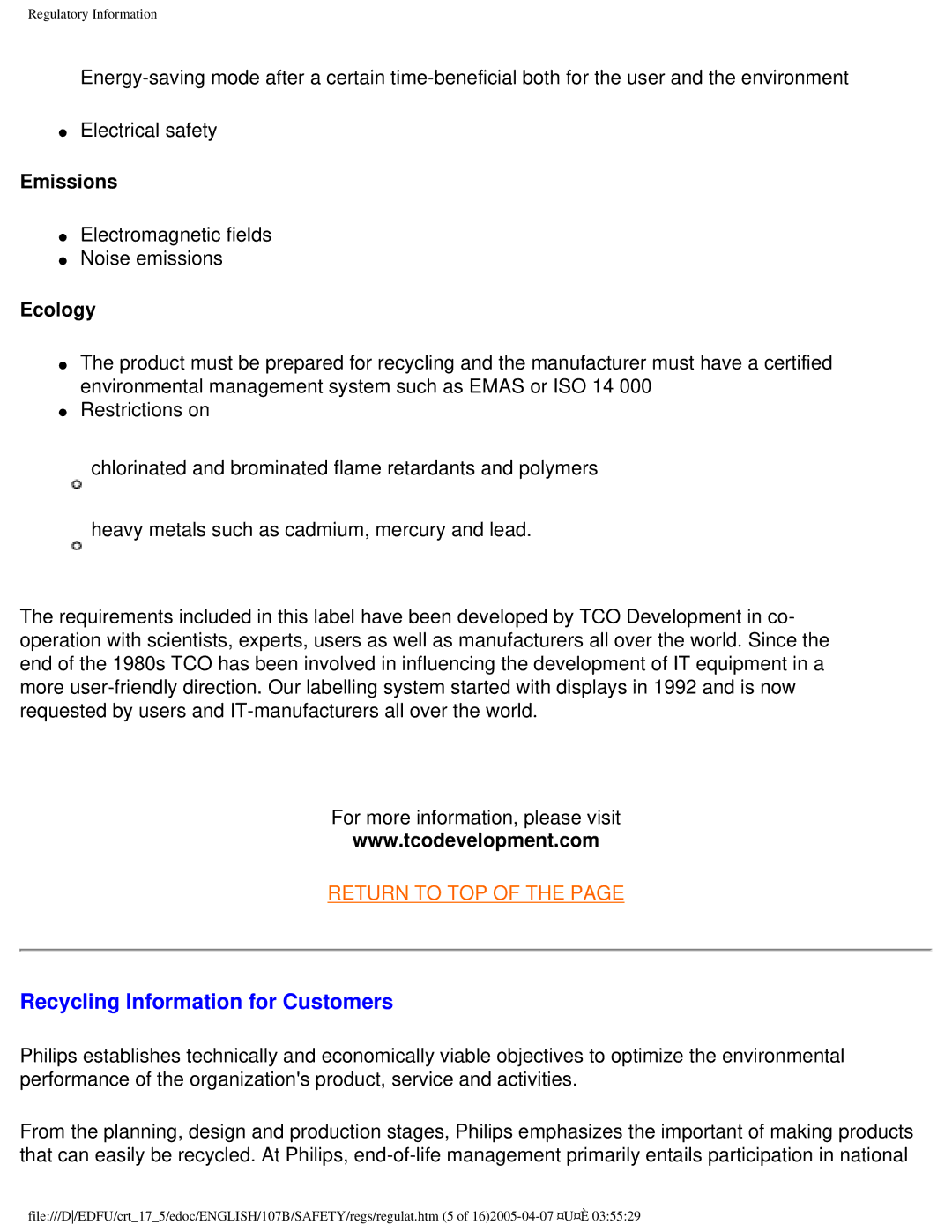 Philips 107B50 user manual Recycling Information for Customers, Emissions 