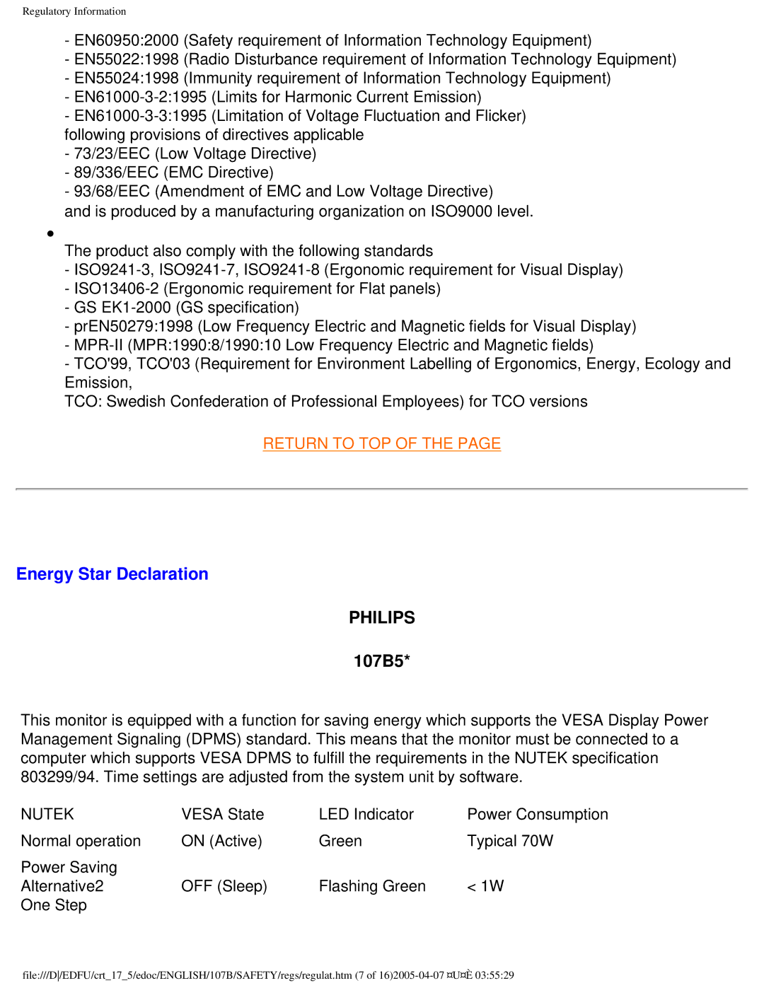 Philips 107B50 user manual Energy Star Declaration, Philips 