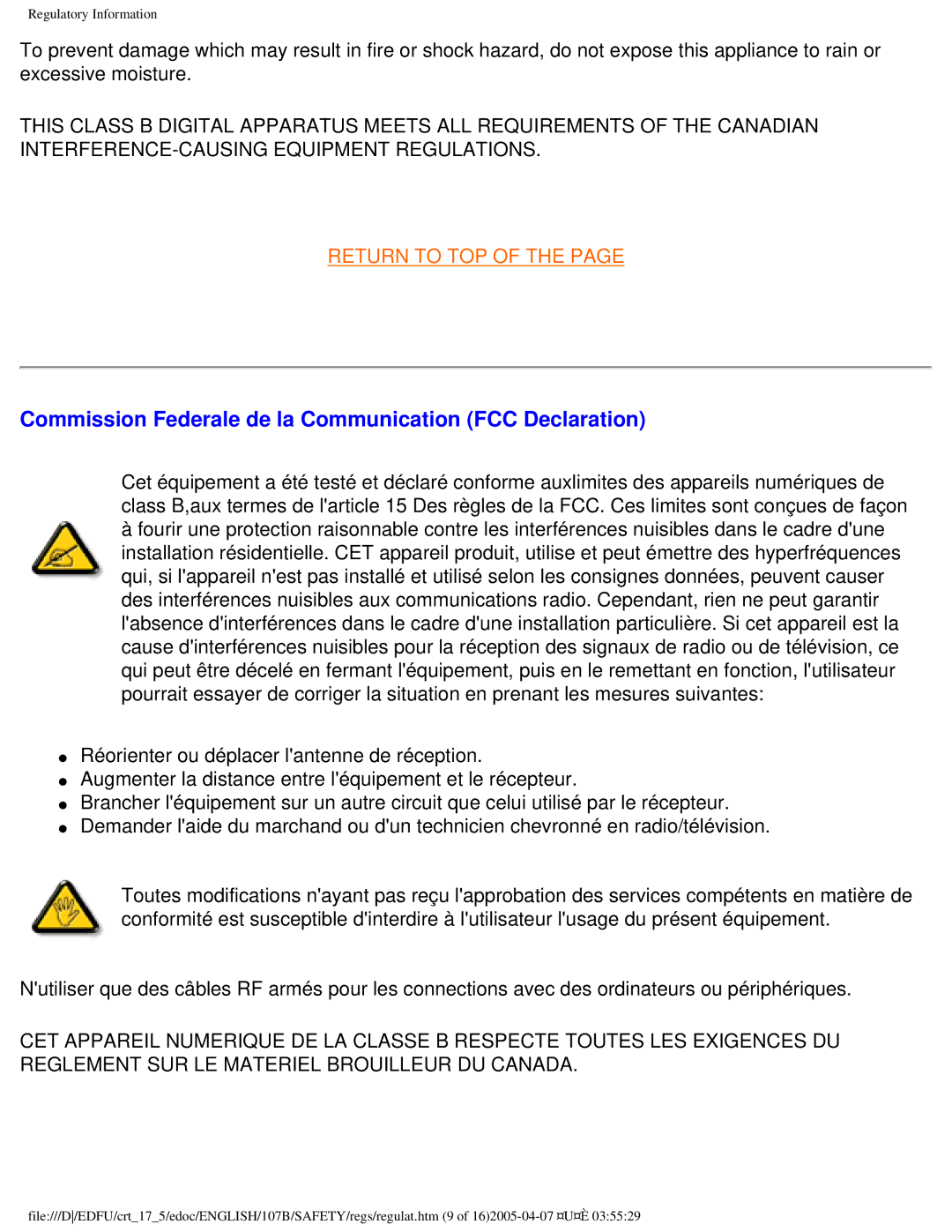 Philips 107B50 user manual Commission Federale de la Communication FCC Declaration 