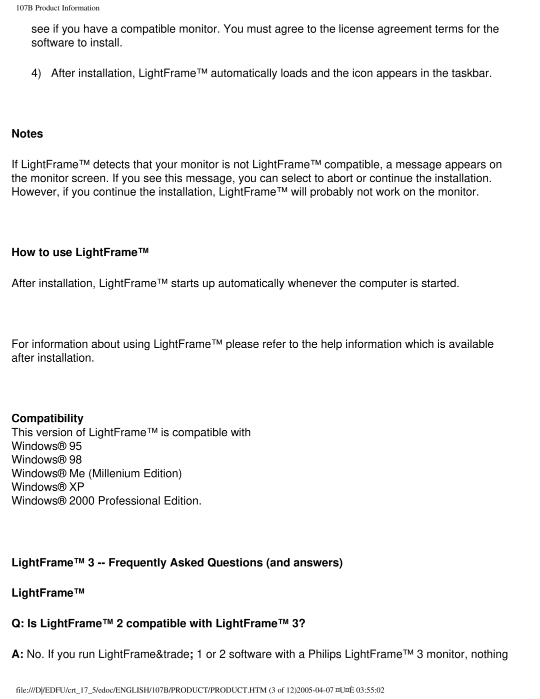 Philips 107B50 user manual How to use LightFrame, Compatibility 