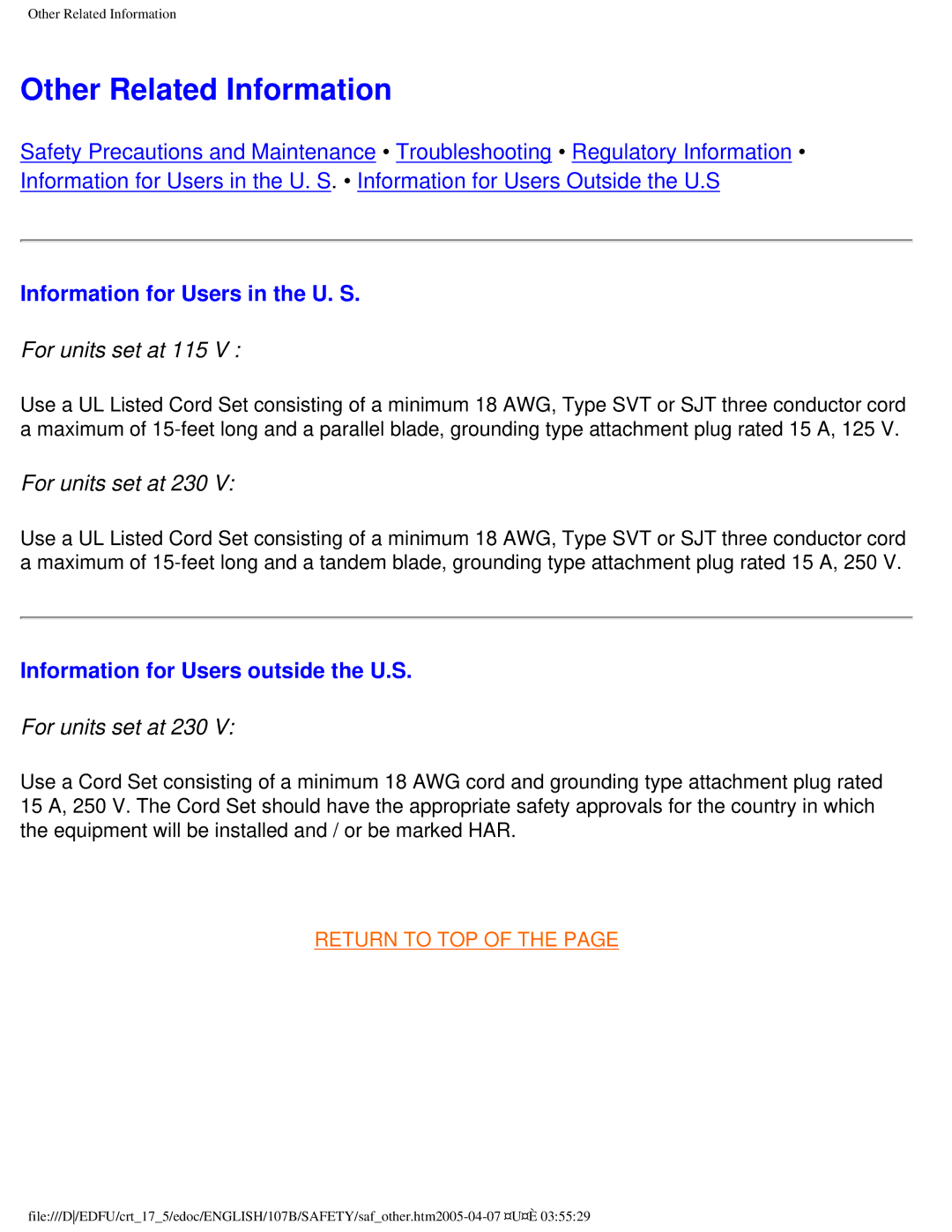 Philips 107B50 Other Related Information, Information for Users in the U. S, For units set at 115, For units set at 230 