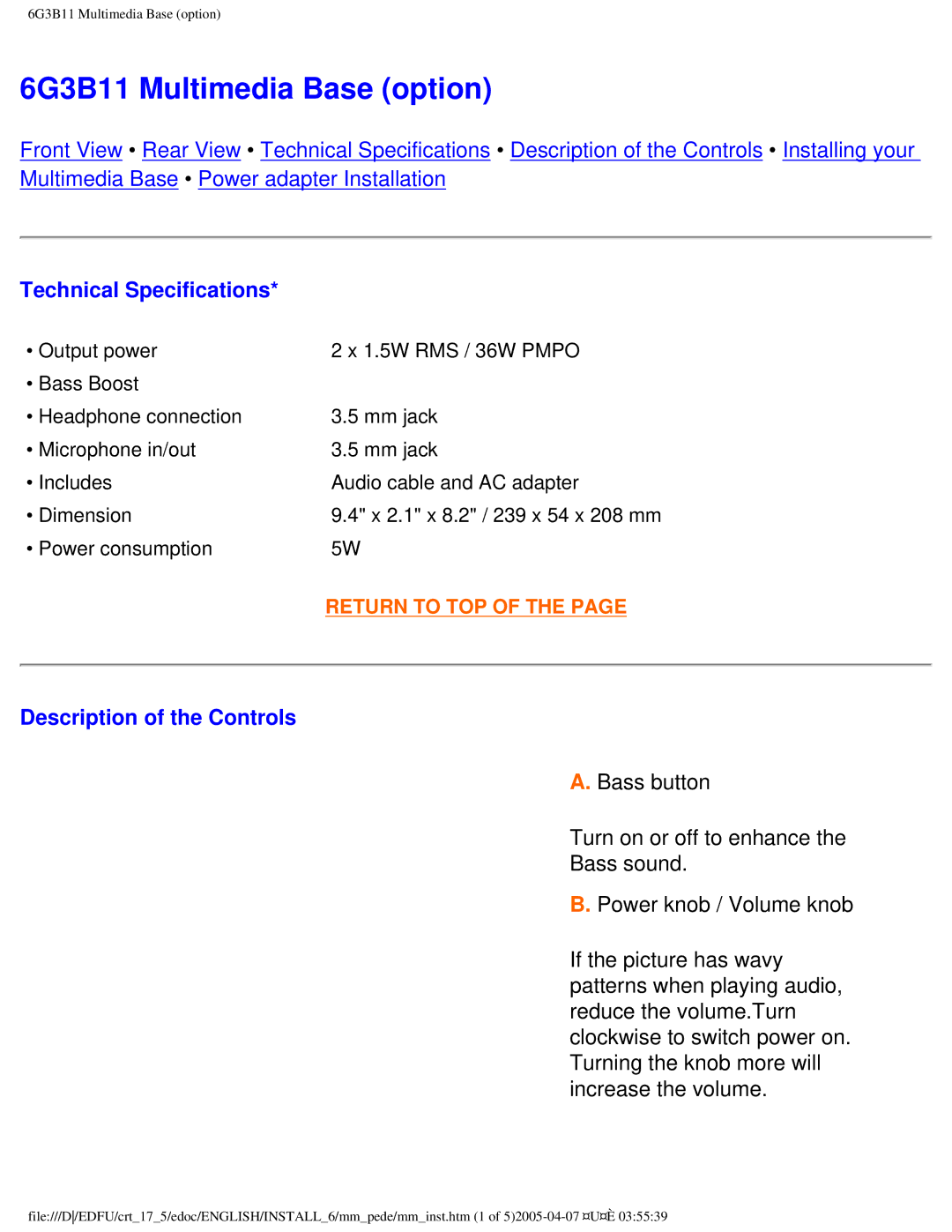 Philips 107B50 user manual Technical Specifications, Description of the Controls 