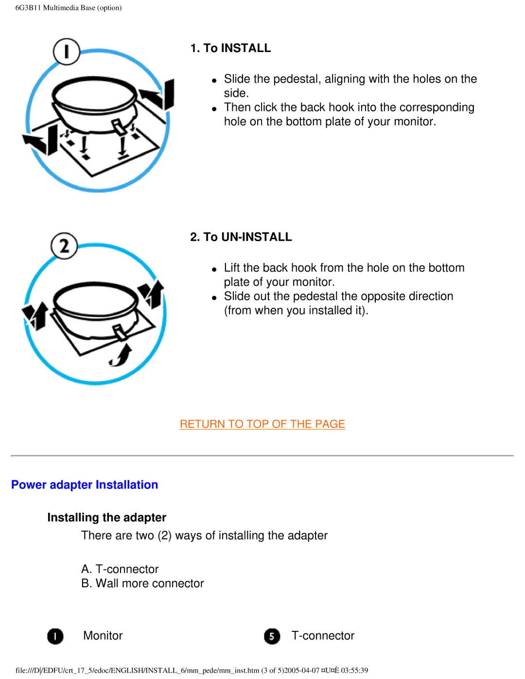 Philips 107B50 user manual To Install, Power adapter Installation 