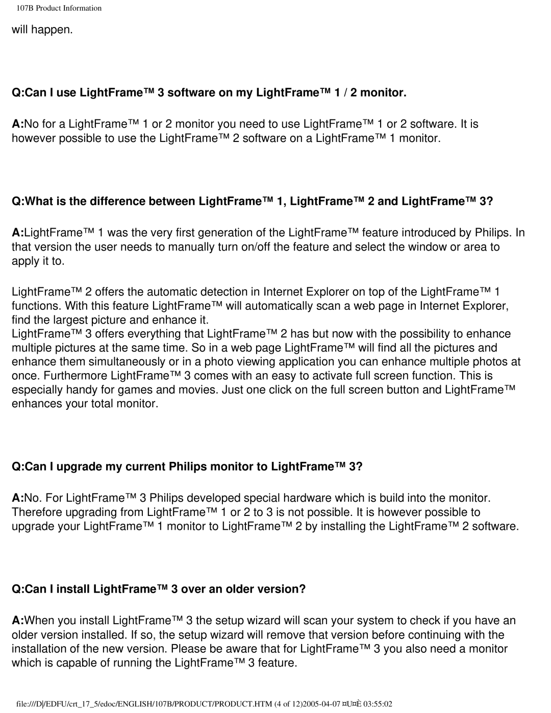 Philips 107B50 user manual QCan I upgrade my current Philips monitor to LightFrame 3? 