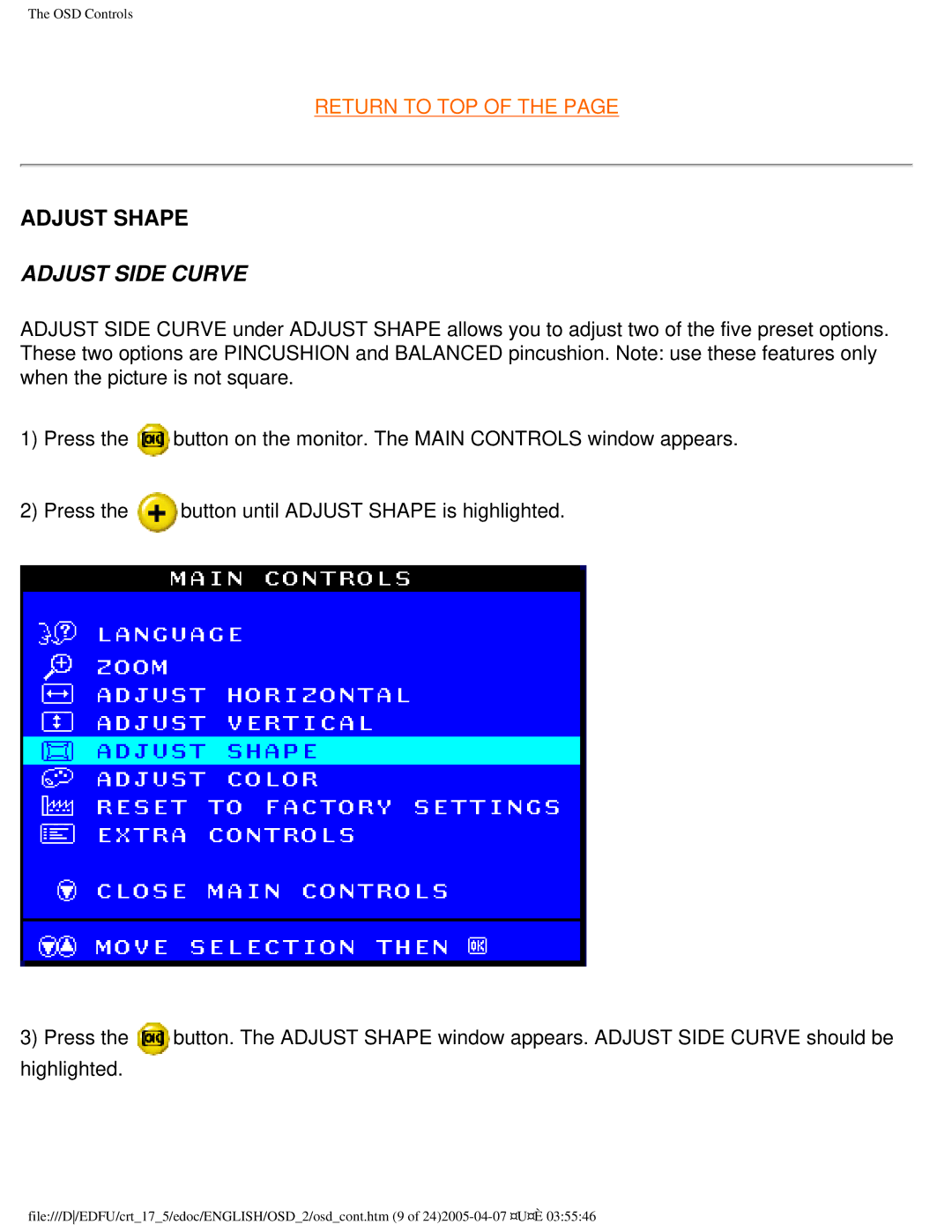 Philips 107B50 user manual Adjust Side Curve 