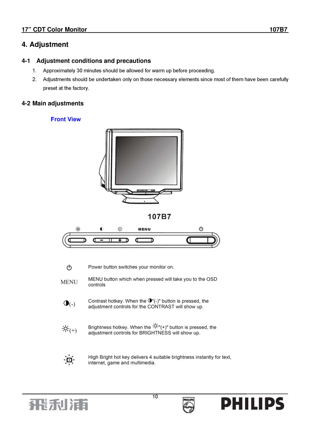 Philips 107B7 manual Adjustment conditions and precautions, Main adjustments 