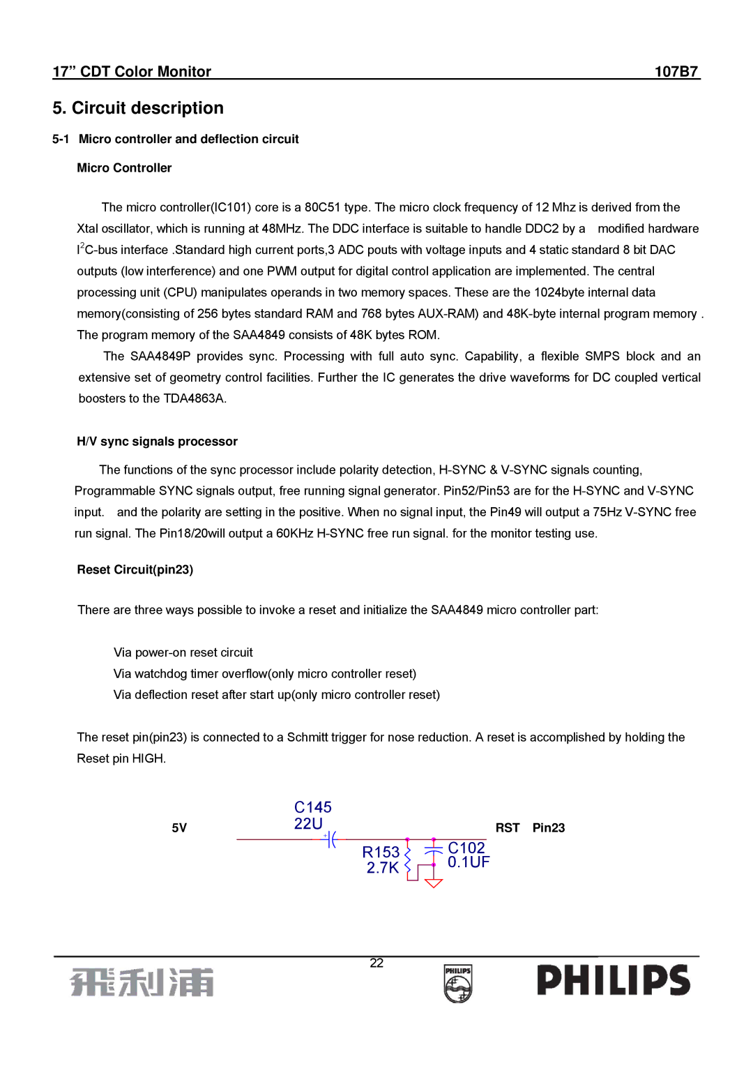 Philips 107B7 manual Circuit description, Micro controller and deflection circuit Micro Controller, Sync signals processor 