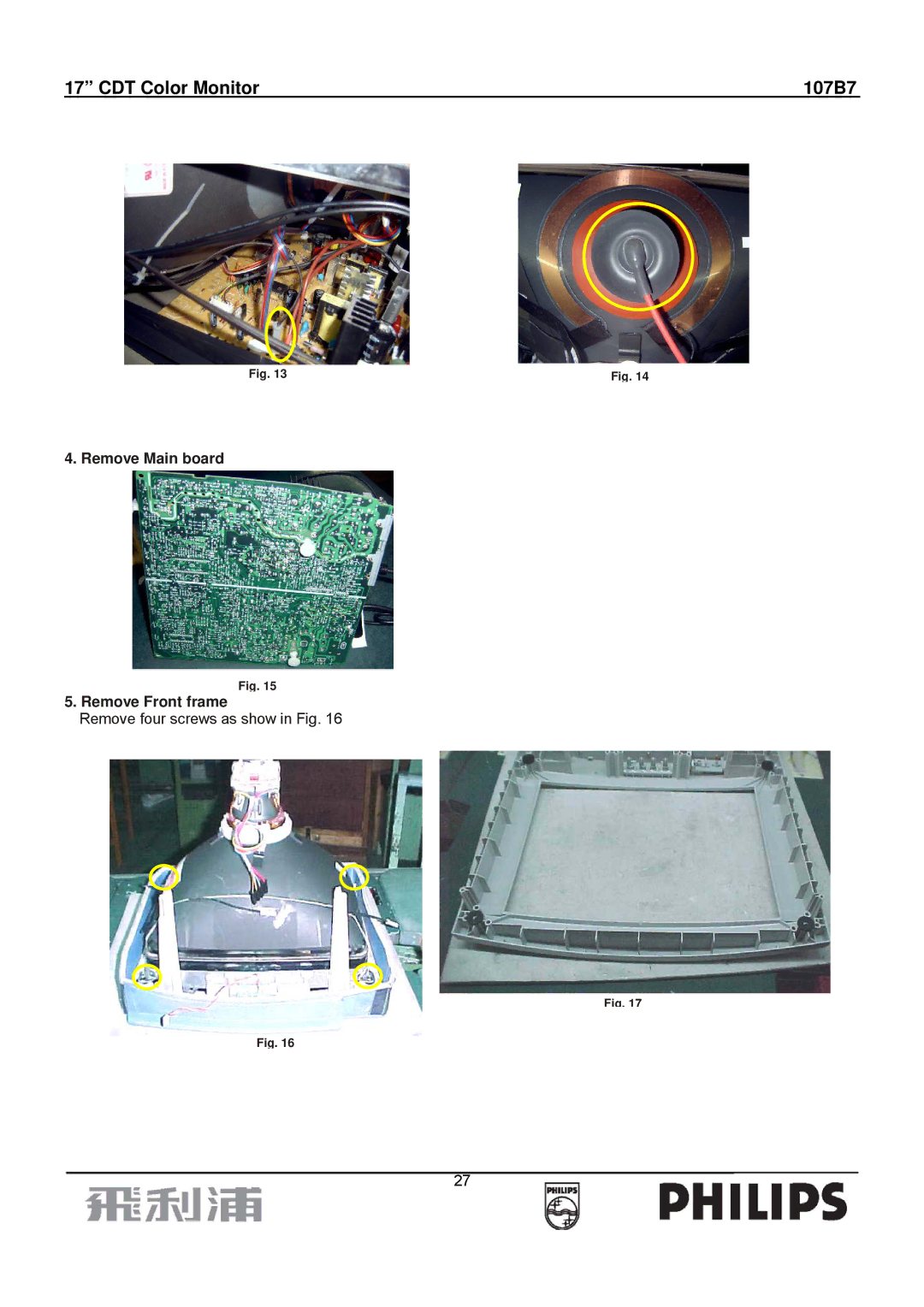 Philips 107B7 manual Remove Main board Remove Front frame 