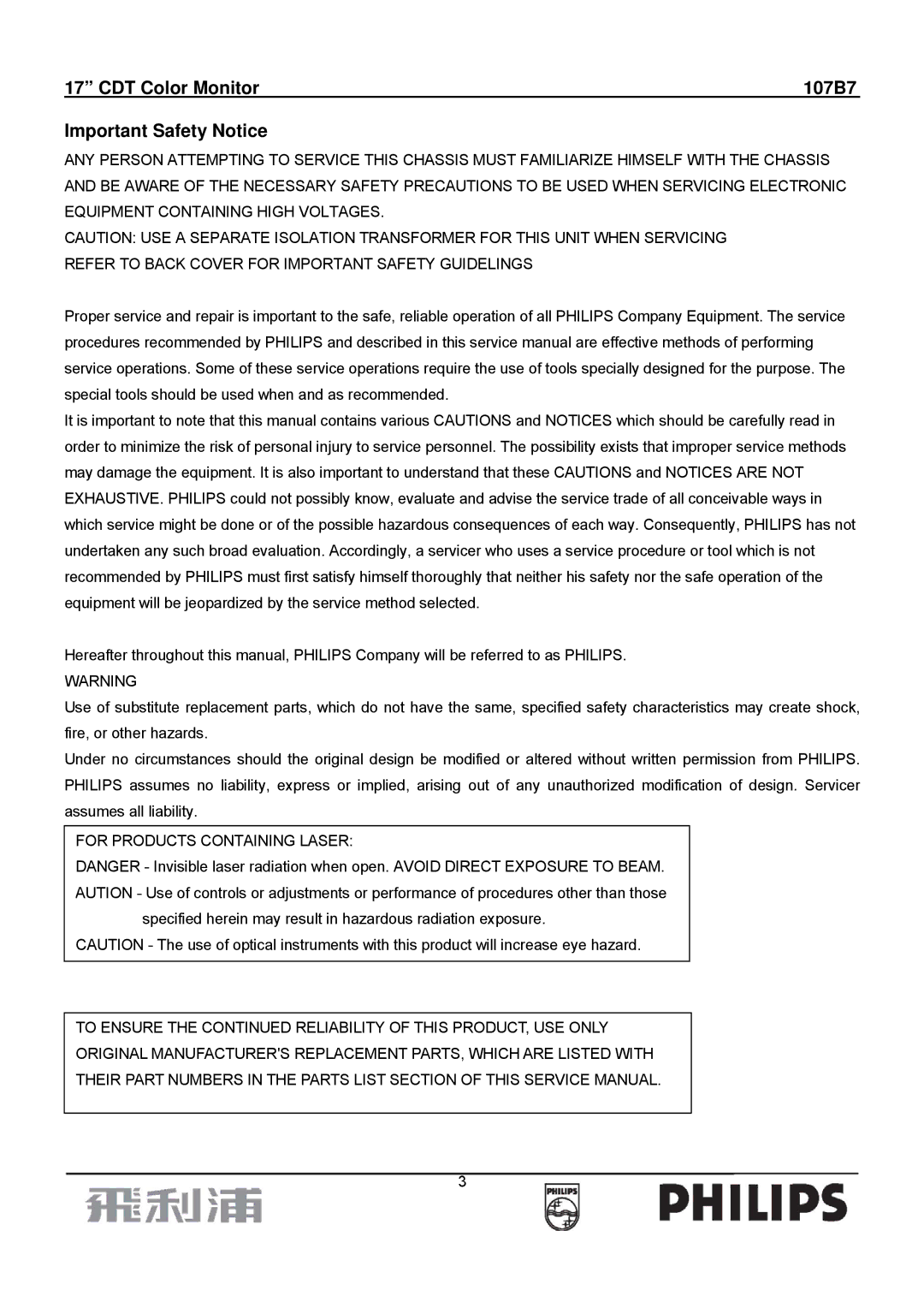 Philips manual CDT Color Monitor 107B7 Important Safety Notice, For Products Containing Laser 