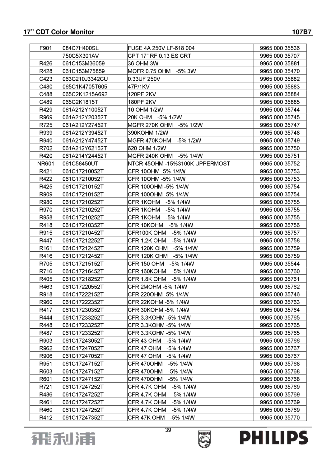 Philips 107B7 manual Mofr 0.75 OHM, Mgfr 270K OHM, Mgfr 470KOHM, Mgfr 240K OHM, Ntcr 45OHM -15%3100K Uppermost, CFR 1KOHM 