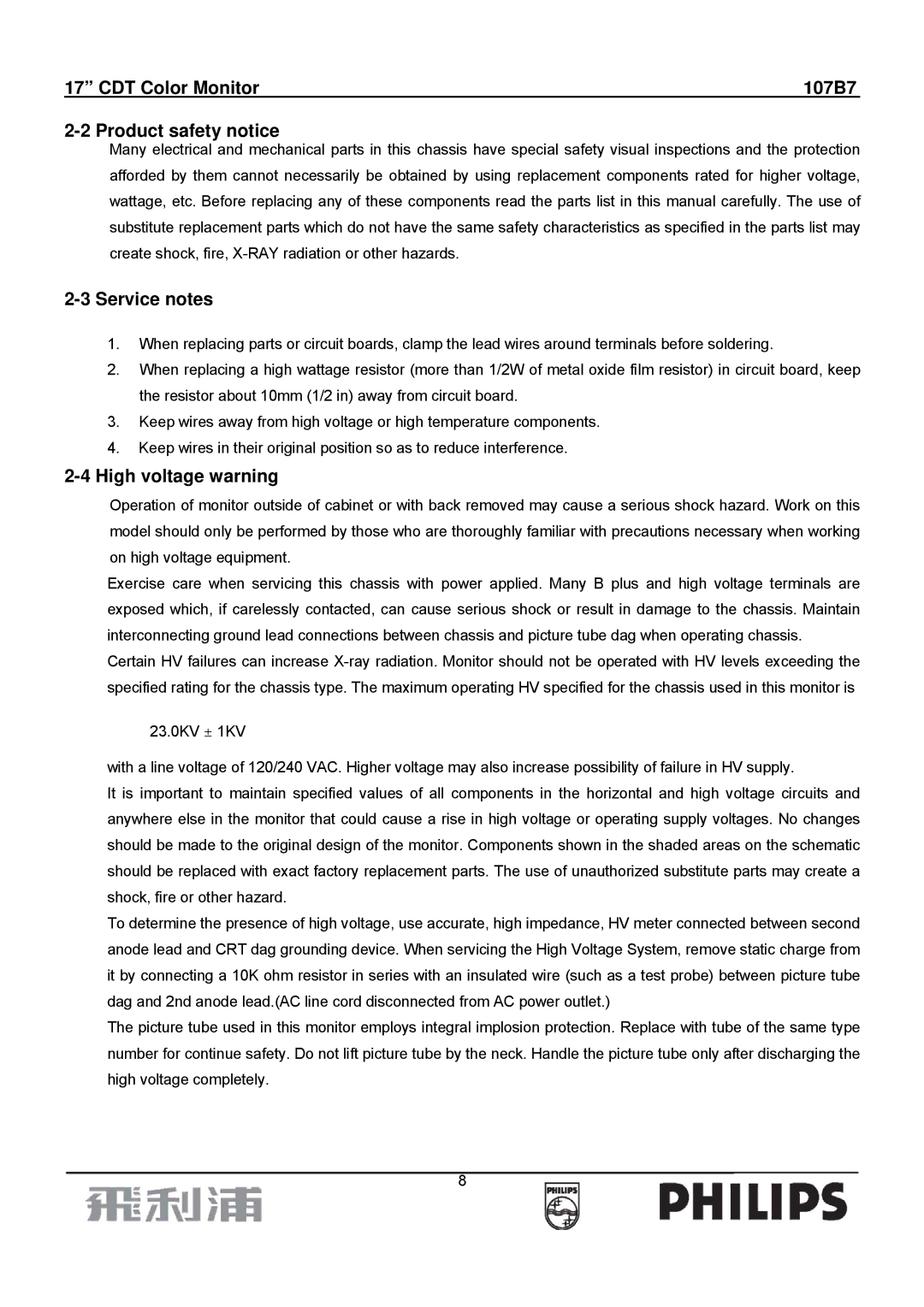 Philips manual CDT Color Monitor 107B7 Product safety notice, Service notes, High voltage warning 