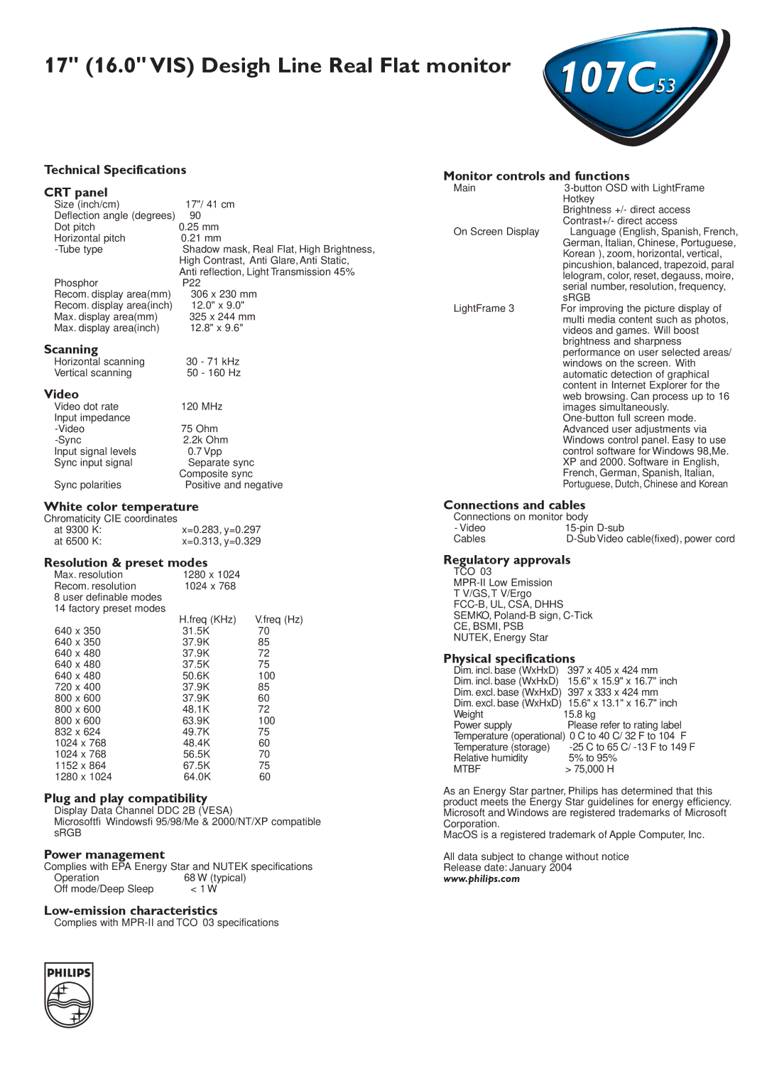 Philips 107C 53 Technical Specifications CRT panel, Scanning, Video, Monitor controls and functions, Power management 