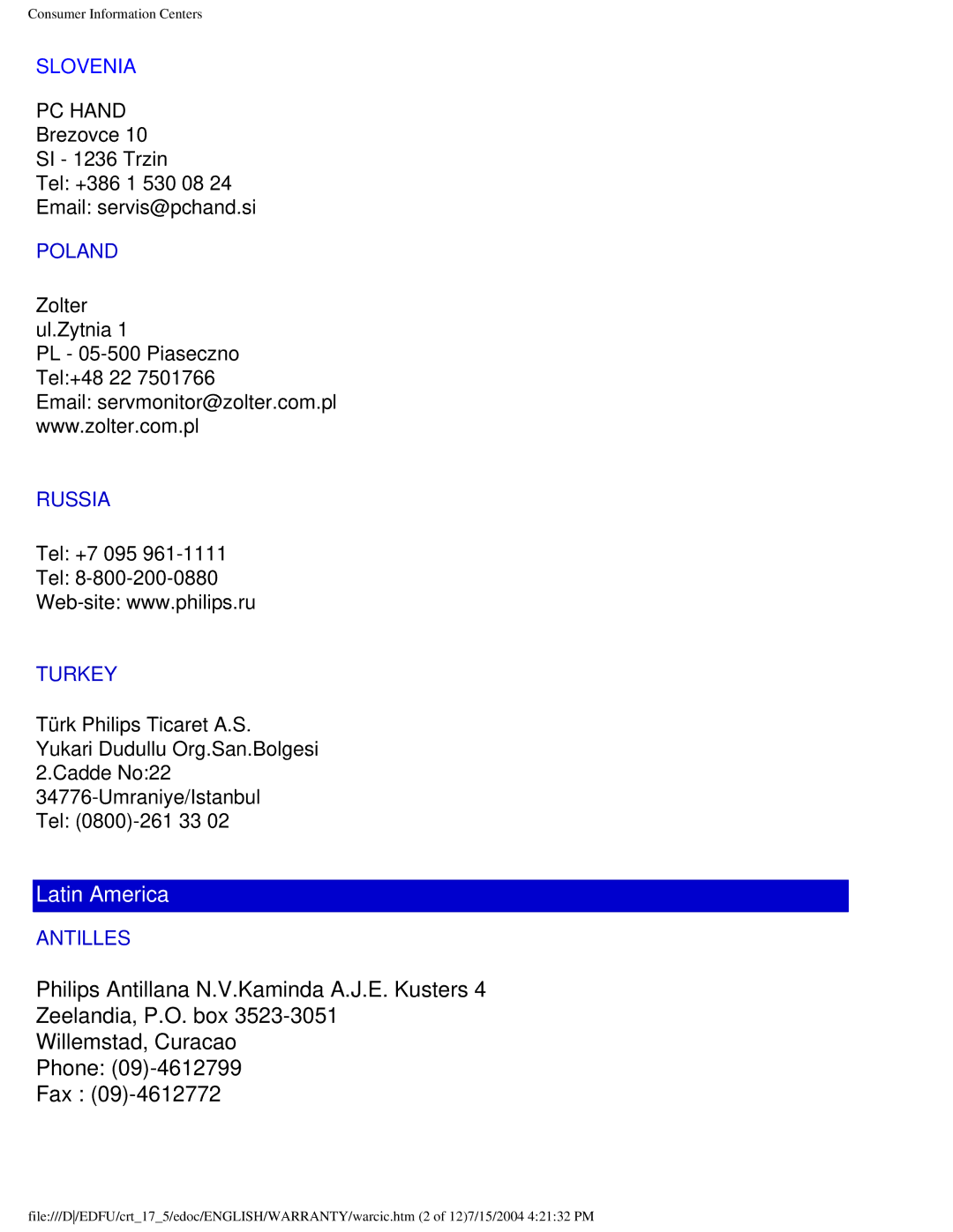 Philips 107C user manual Latin America 