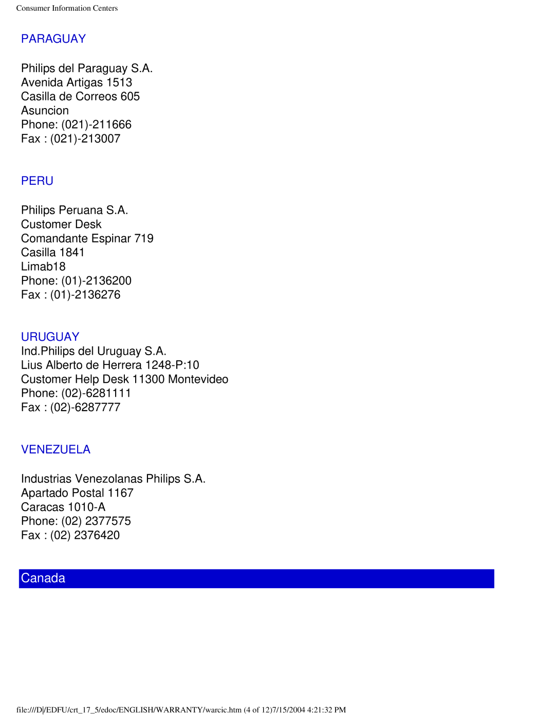 Philips 107C user manual Canada 