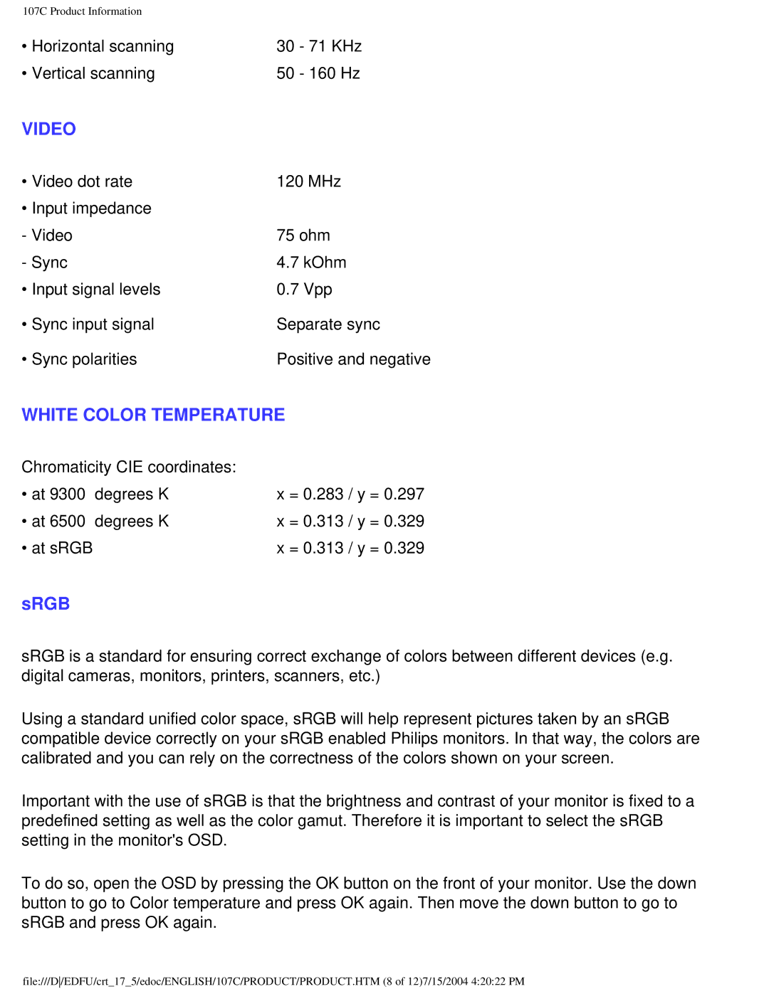 Philips 107C user manual Video 