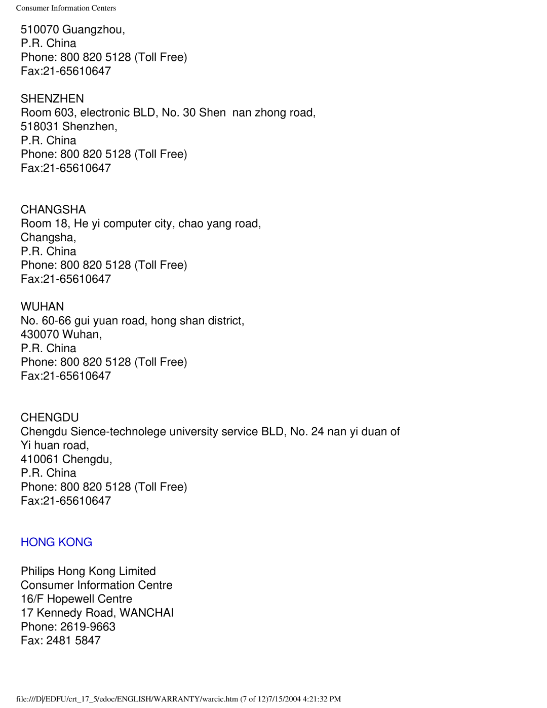 Philips 107C user manual Hong Kong 