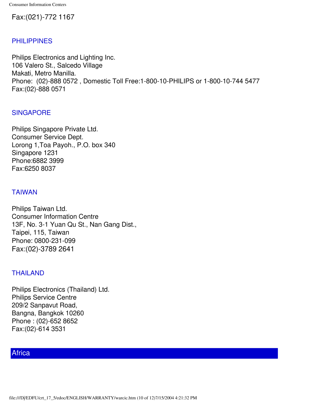 Philips 107C user manual Africa 