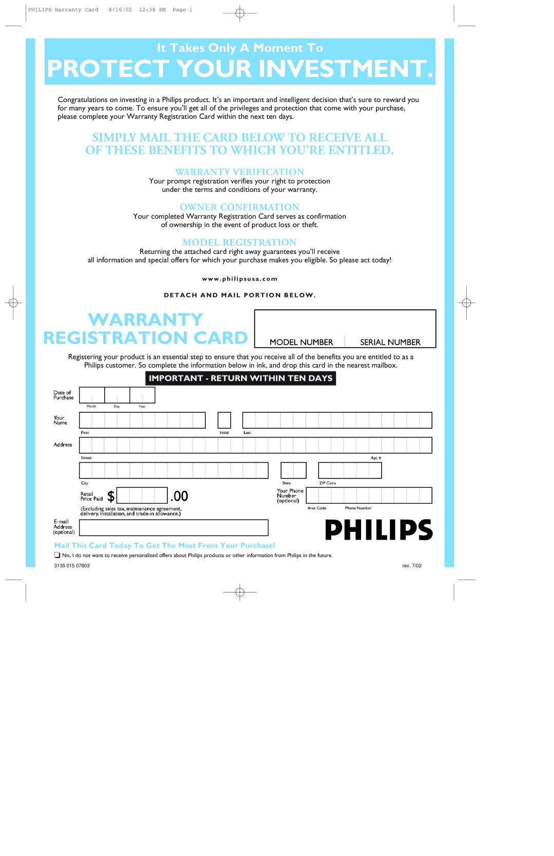 Philips 107C user manual Protect Your Investment 