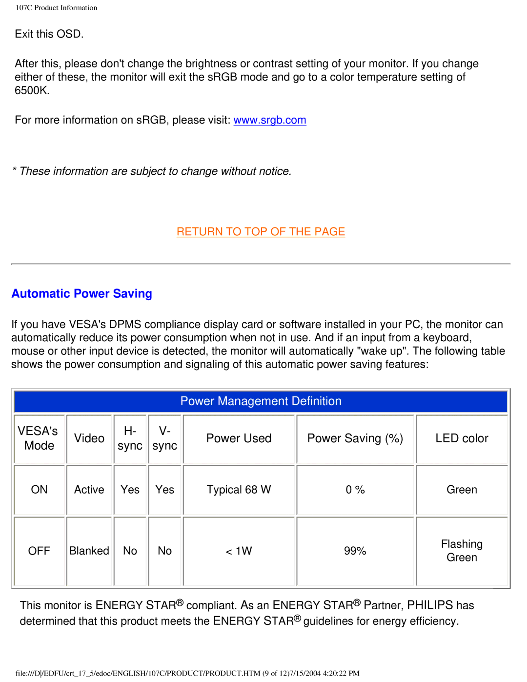 Philips 107C user manual Automatic Power Saving, Power Management Definition 