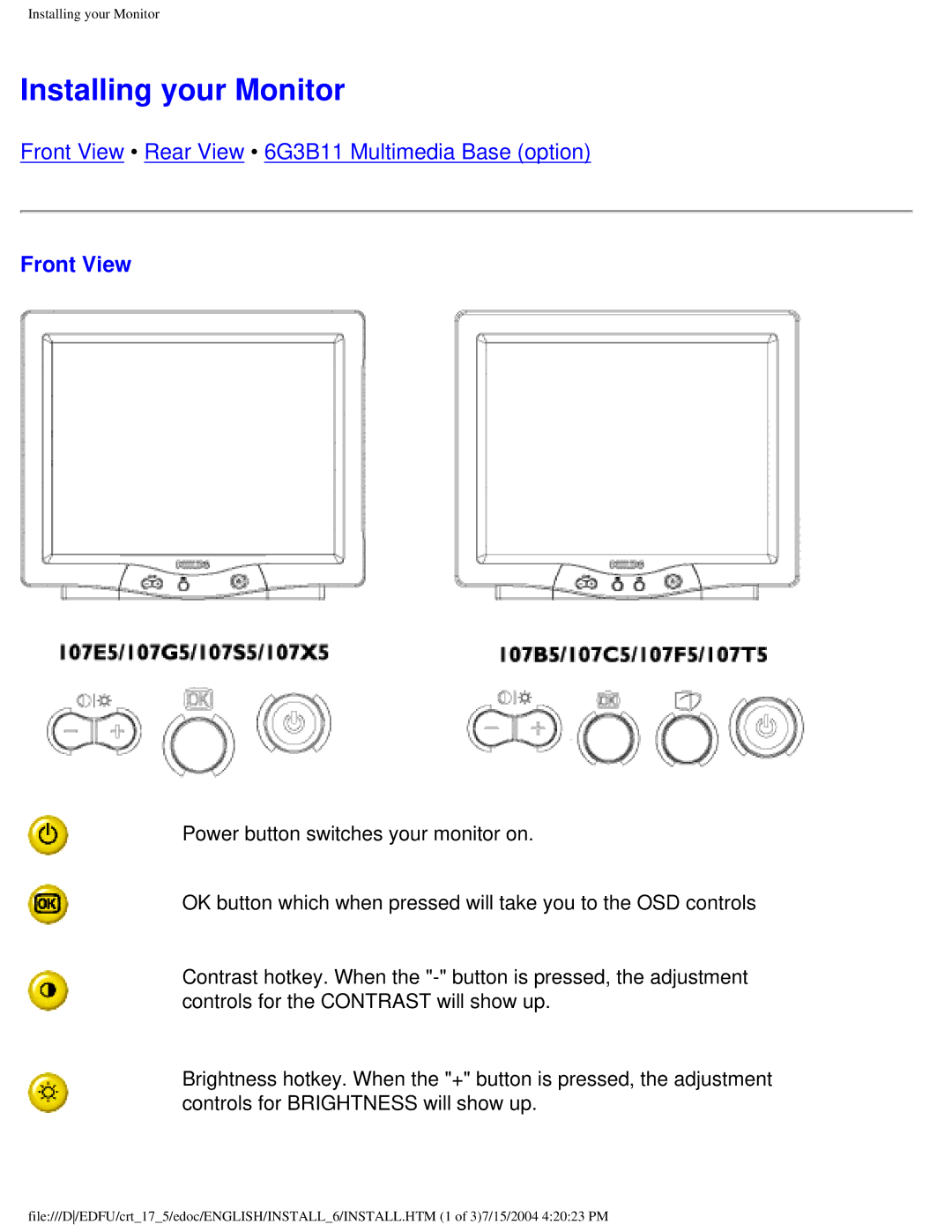 Philips 107C user manual Installing your Monitor, Front View 