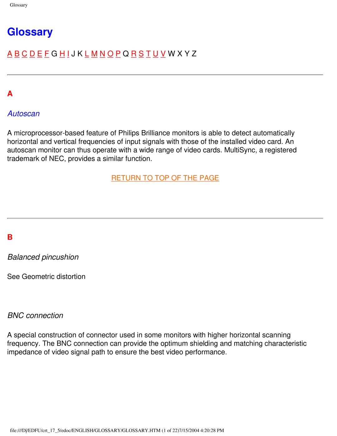 Philips 107C user manual Glossary, Balanced pincushion, BNC connection 