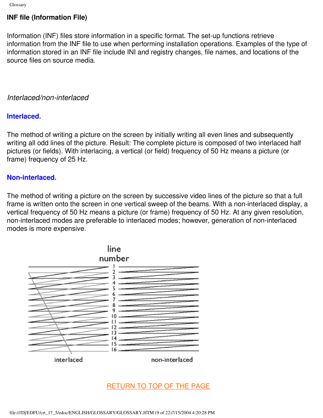 Philips 107C user manual Interlaced/non-interlaced, INF file Information File 