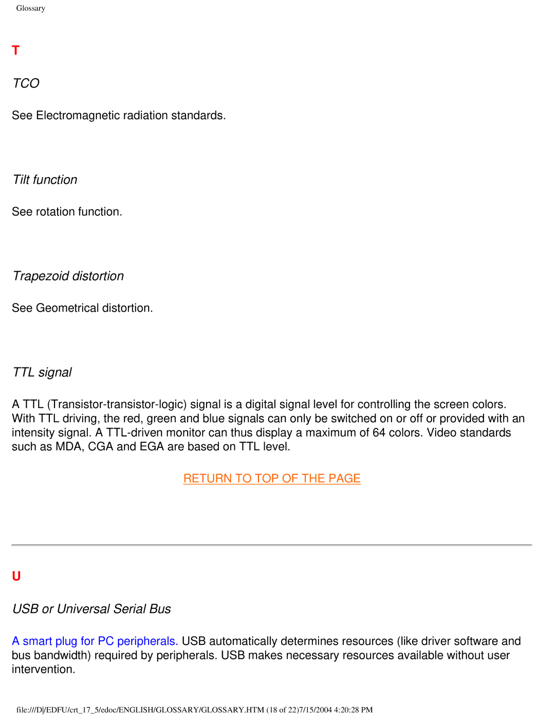 Philips 107C user manual Tilt function, Trapezoid distortion, TTL signal, USB or Universal Serial Bus 