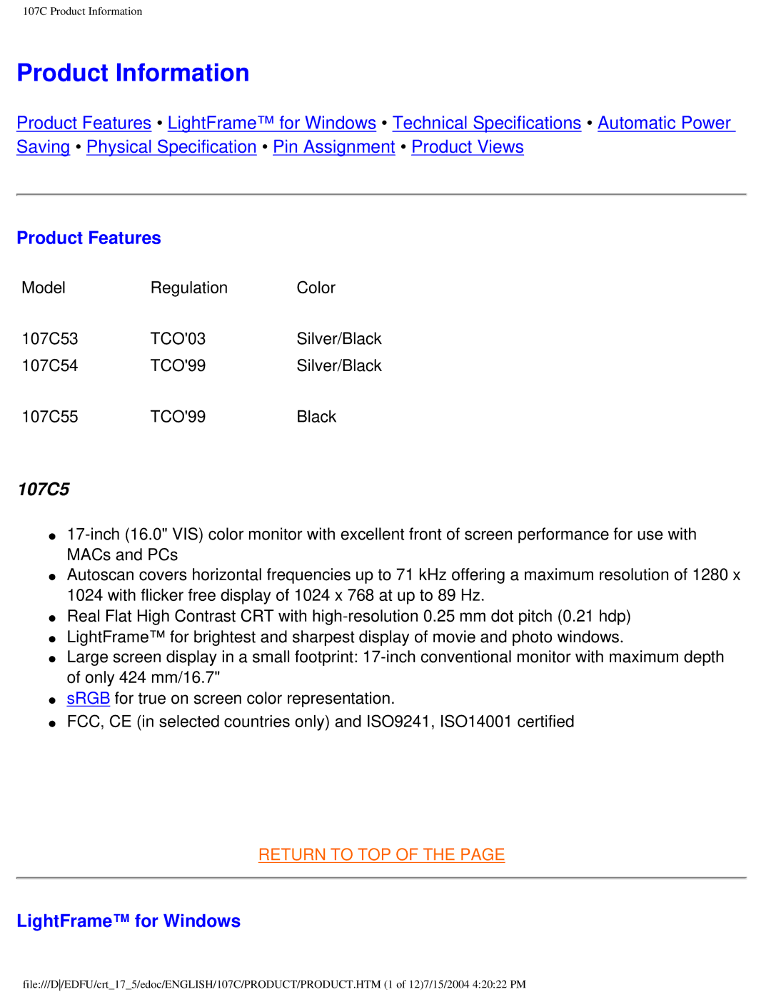 Philips 107C user manual Product Information, Product Features, LightFrame for Windows 