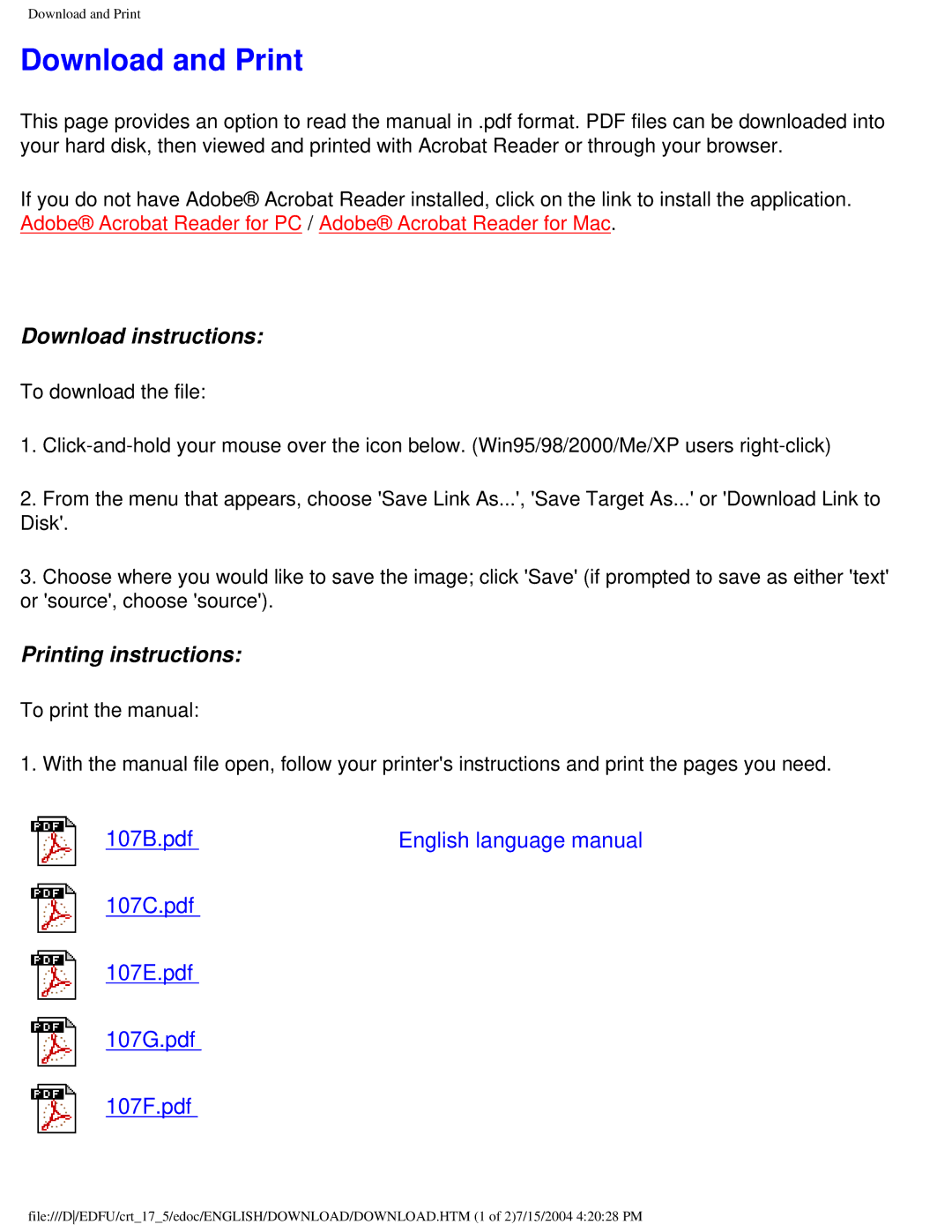 Philips 107C user manual Download and Print, Download instructions 