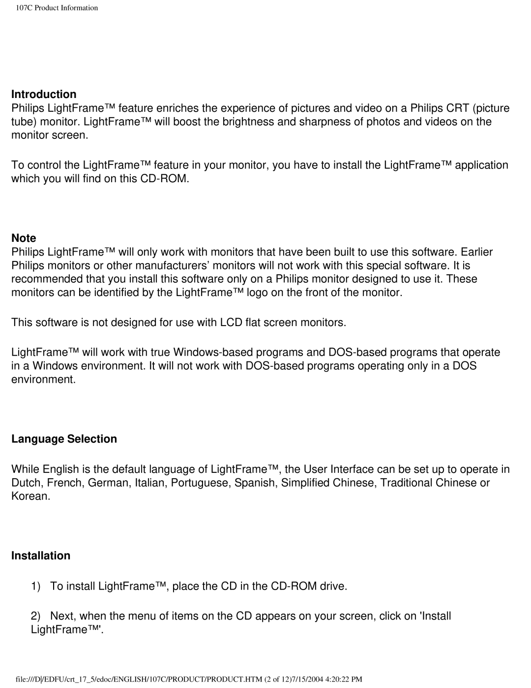 Philips 107C user manual Introduction, Language Selection, Installation 