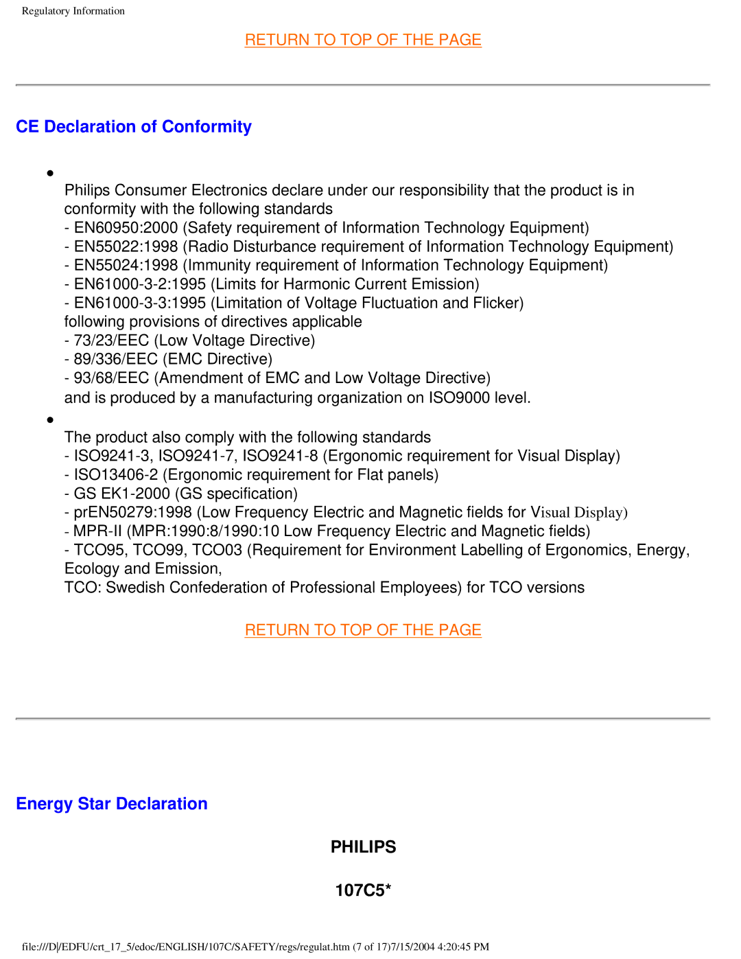 Philips 107C user manual CE Declaration of Conformity, Energy Star Declaration, Philips 