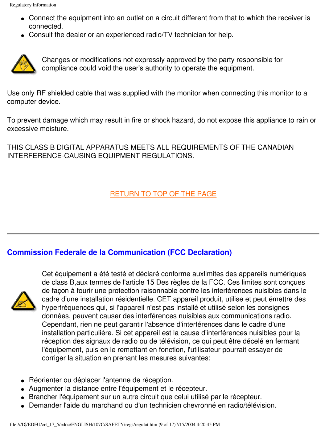 Philips 107C user manual Commission Federale de la Communication FCC Declaration 