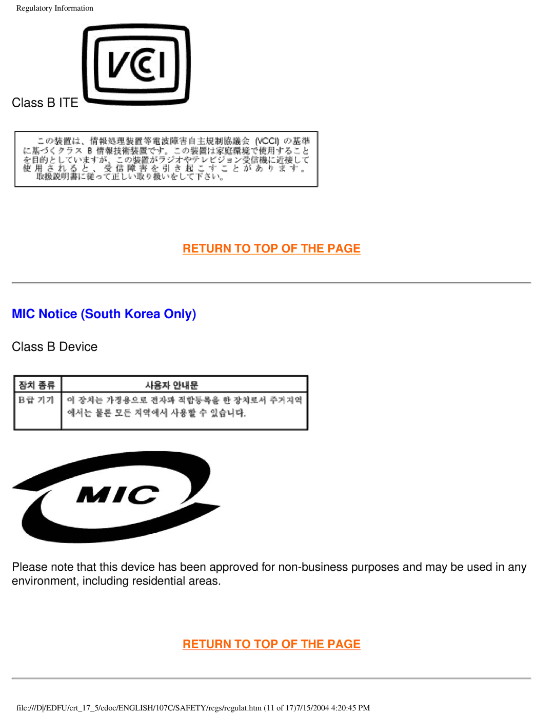 Philips 107C user manual MIC Notice South Korea Only, Class B Device 