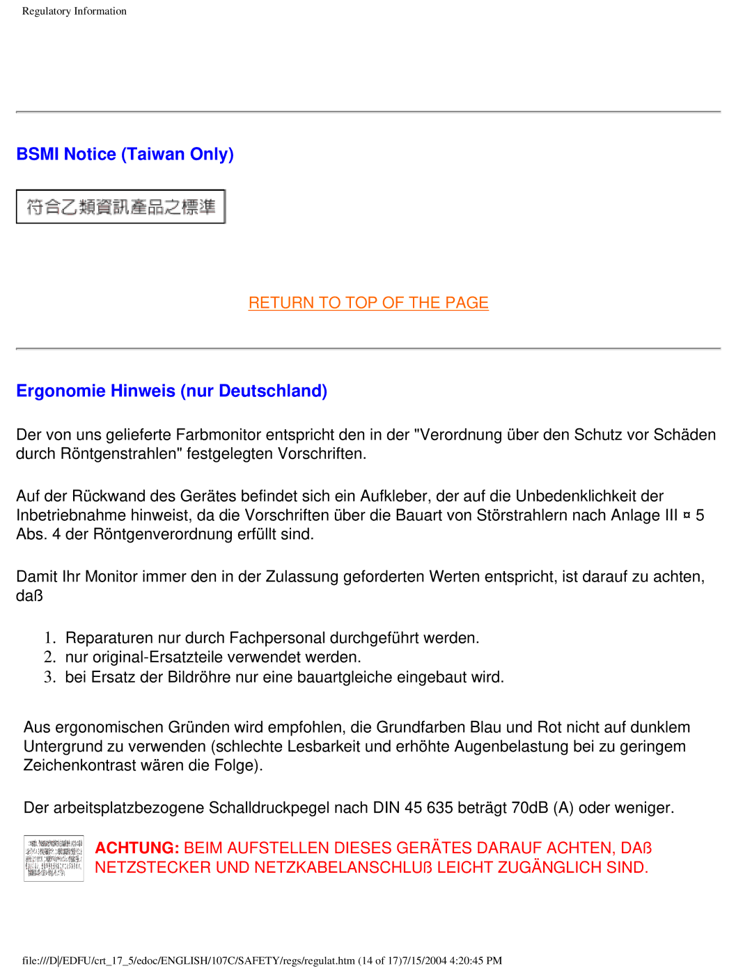 Philips 107C user manual Bsmi Notice Taiwan Only, Ergonomie Hinweis nur Deutschland 