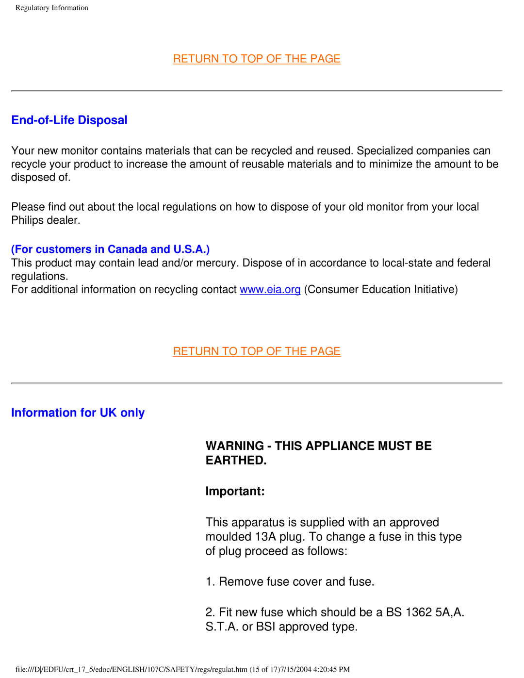 Philips 107C user manual End-of-Life Disposal, Information for UK only, Earthed 