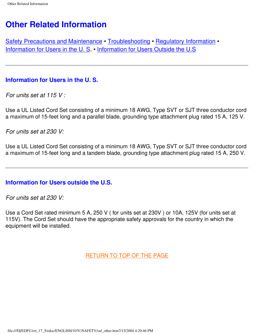 Philips 107C Other Related Information, Information for Users in the U. S, For units set at 115, For units set at 230 