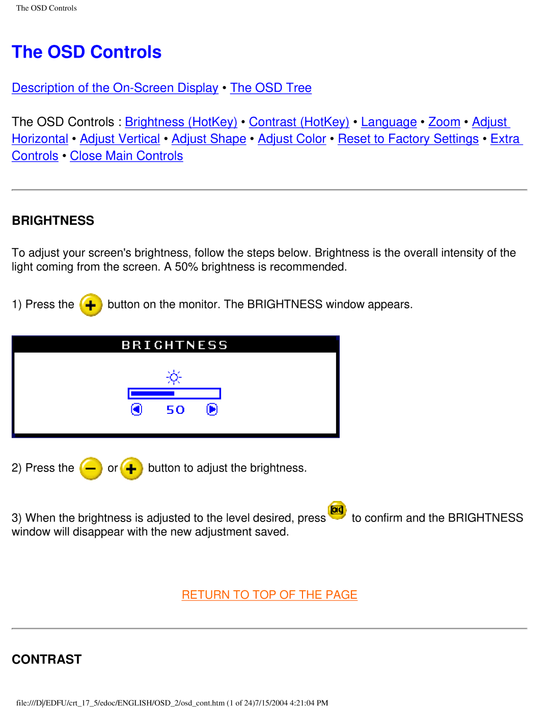 Philips 107C user manual OSD Controls, Brightness, Contrast 