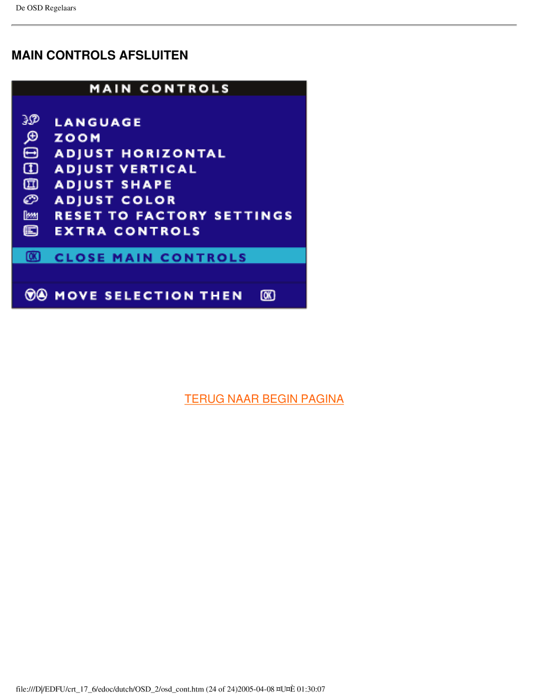 Philips 107C user manual Main Controls Afsluiten 