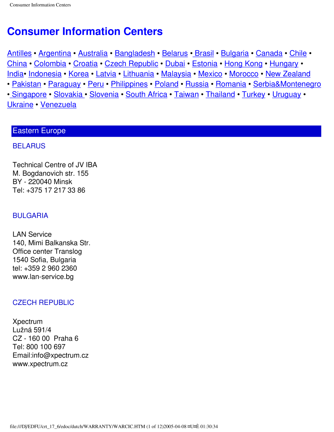 Philips 107C user manual Consumer Information Centers, Eastern Europe 