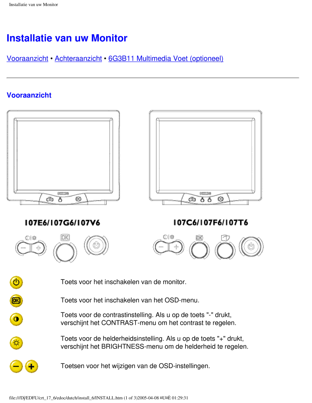 Philips 107C user manual Installatie van uw Monitor, Vooraanzicht 