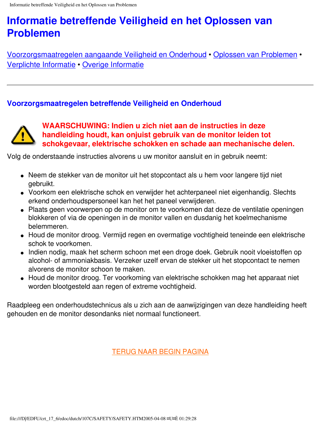 Philips 107C user manual Voorzorgsmaatregelen betreffende Veiligheid en Onderhoud, Terug Naar Begin Pagina 