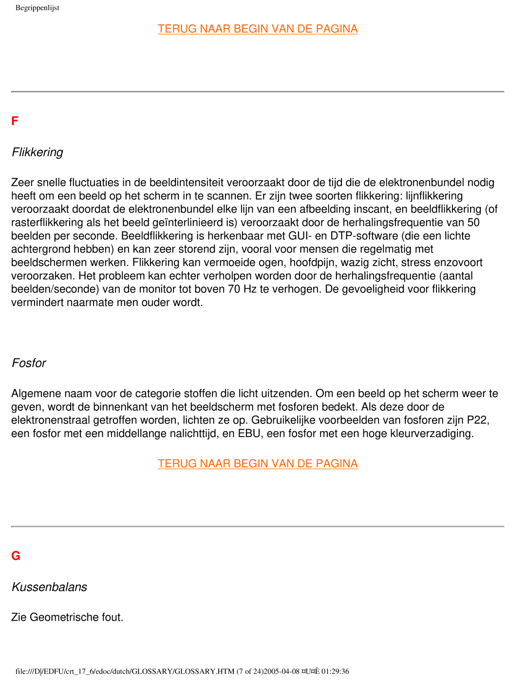 Philips 107C user manual Flikkering, Fosfor, Kussenbalans 