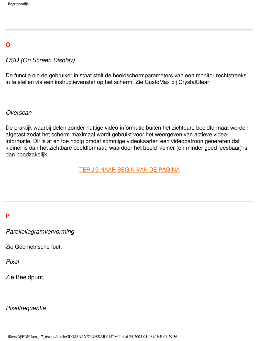 Philips 107C user manual OSD On Screen Display, Overscan, Parallellogramvervorming, Pixelfrequentie 